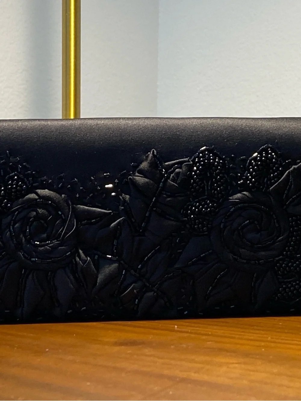 Black Floral Appliqué Evening Clutch with Chain Strap